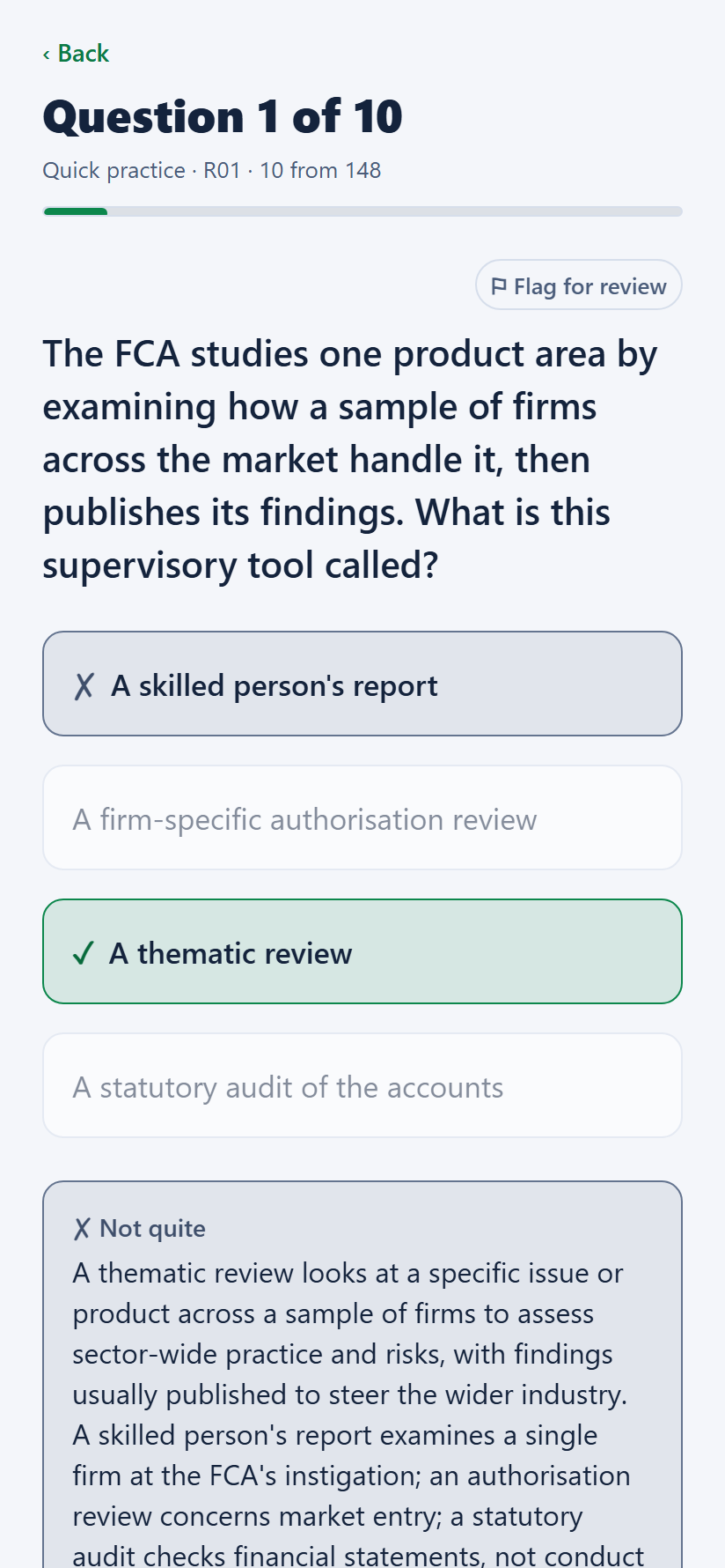 A practice question with the correct answer marked and an explanation